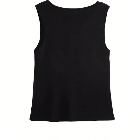 Black Casual Women's Metal Button Open Front Sleeveless Jacket - Picture 5 of 9